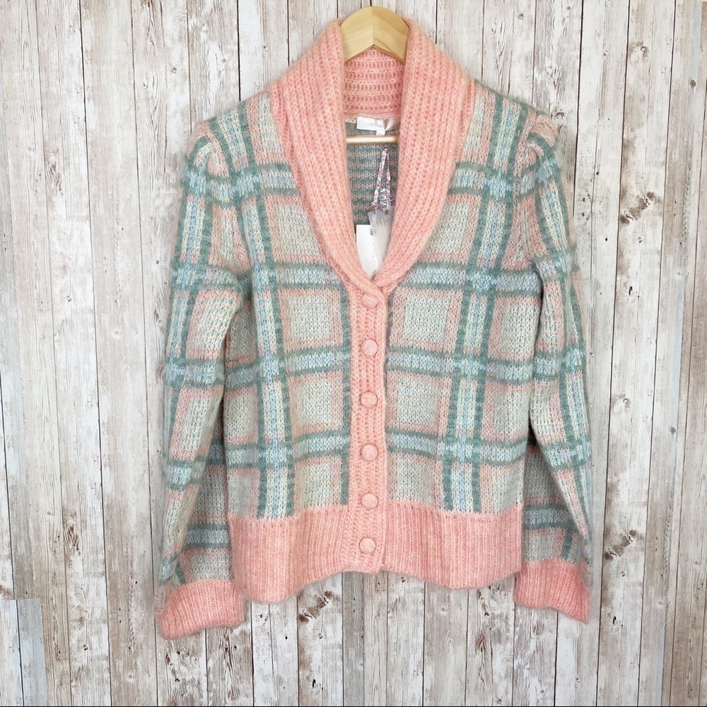 LoveShackFancy Jeeves Magnolia Pink Plaid Wool and Mohair Long Sleeve Cardigan - Picture 3 of 13